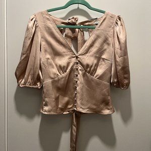Abercrombie & Fitch | Satin Backless Blouse Puff Sleeves and Bow Detail